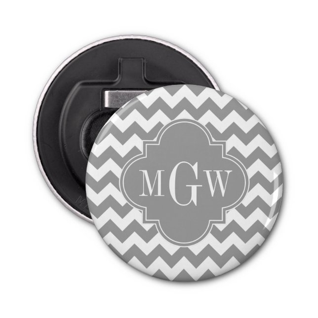 Grey Wht Chevron Dk Grey Quatrefoil 3 Monogram Bottle Opener (Front)