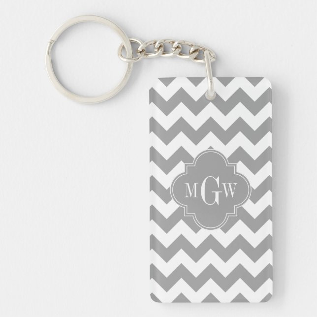 Grey Wht Chevron Dk Grey Quatrefoil 3 Monogram Key Ring (Front)