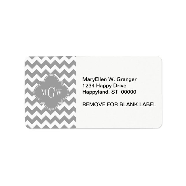 Grey Wht Chevron Dk Grey Quatrefoil 3 Monogram Label (Front)