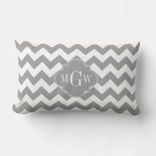 Grey Wht Chevron Dk Grey Quatrefoil 3 Monogram Lumbar Cushion