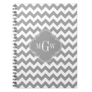 Grey Wht Chevron Dk Grey Quatrefoil 3 Monogram Notebook