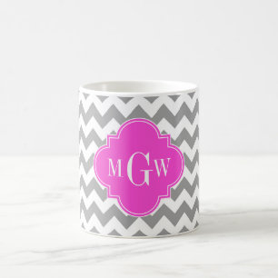 Grey Wht Chevron Hot Pink Quatrefoil 3 Monogram Coffee Mug