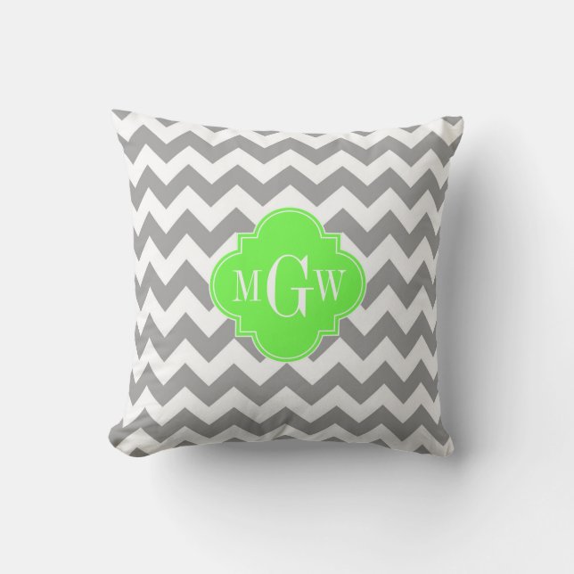 Grey Wht Chevron Lime Quatrefoil 3 Monogram Cushion (Front)