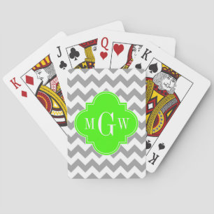Grey Wht Chevron Lime Quatrefoil 3 Monogram Playing Cards