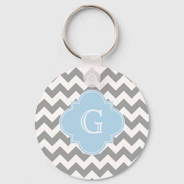 Grey Wht Chevron Lt Blue Quatrefoil Monogram Key Ring (Front)