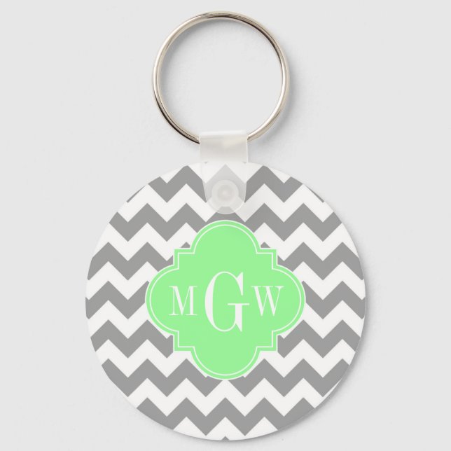 Grey Wht Chevron Mint Quatrefoil 3 Monogram Key Ring (Front)