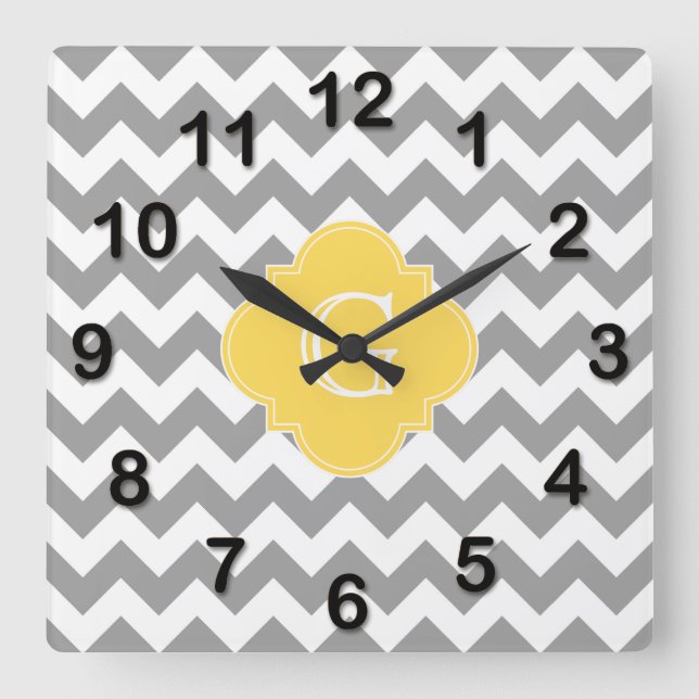 Grey Wht Chevron Mustard Quatrefoil Monogram Square Wall Clock (Front)