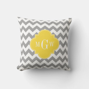 Grey Wht Chevron Pineapple Quatrefoil 3 Monogram Cushion