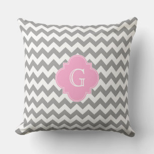 Grey Wht Chevron Pink Quatrefoil Monogram Cushion