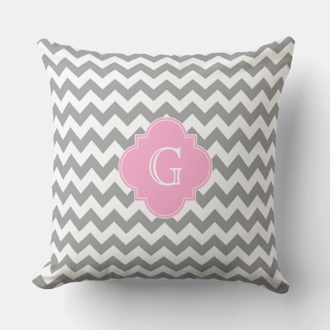 Grey Wht Chevron Pink Quatrefoil Monogram Cushion (Front)