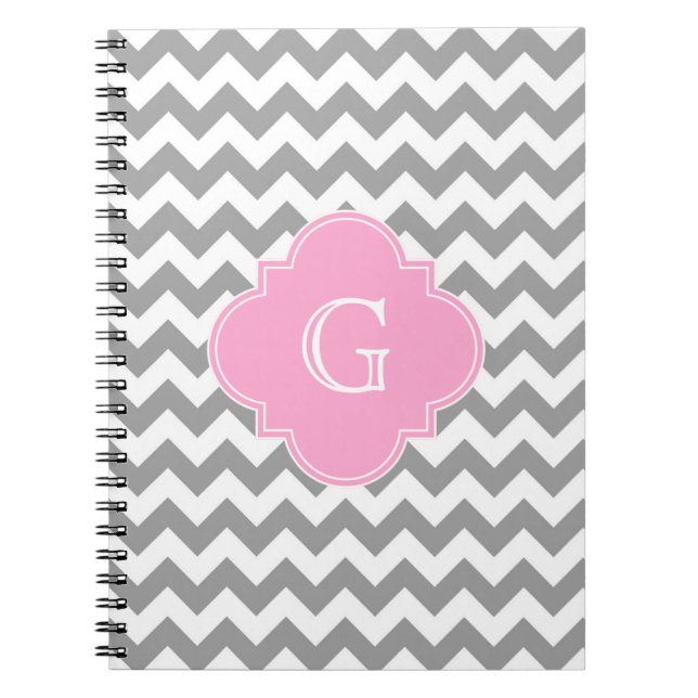 Grey Wht Chevron Pink Quatrefoil Monogram Notebook (Front)