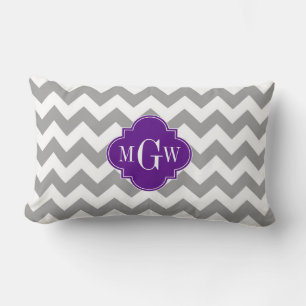 Grey Wht Chevron Purple Quatrefoil 3 Monogram Lumbar Cushion