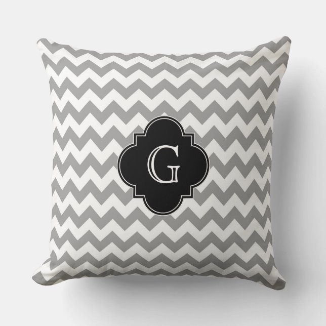 Grey Wht Chevron ZigZag Black Quatrefoil Monogram Cushion (Front)