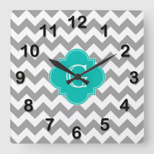 Grey Wht Chevron ZigZag Teal Quatrefoil Monogram Square Wall Clock