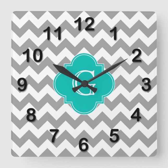 Grey Wht Chevron ZigZag Teal Quatrefoil Monogram Square Wall Clock (Front)