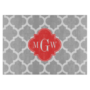 Grey Wht Moroccan #5 Coral Red 3 Initial Monogram Cutting Board