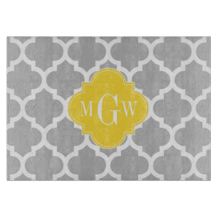 Grey Wht Moroccan #5 Pineapple 3 Initial Monogram Cutting Board