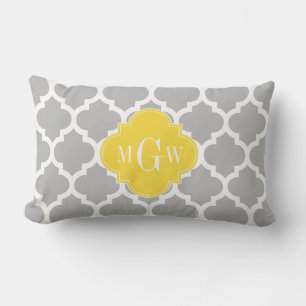 Grey Wht Moroccan #5 Pineapple 3 Initial Monogram Lumbar Cushion