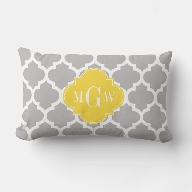 Grey Wht Moroccan #5 Pineapple 3 Initial Monogram Lumbar Cushion (Front)