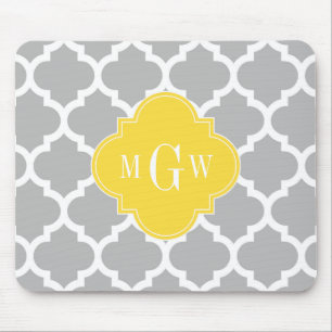 Grey Wht Moroccan #5 Pineapple 3 Initial Monogram Mouse Pad
