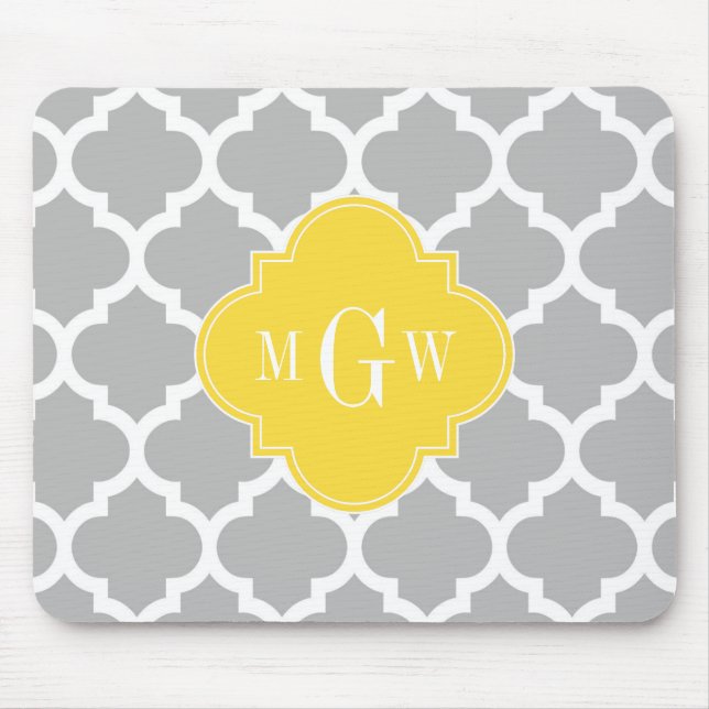 Grey Wht Moroccan #5 Pineapple 3 Initial Monogram Mouse Pad (Front)