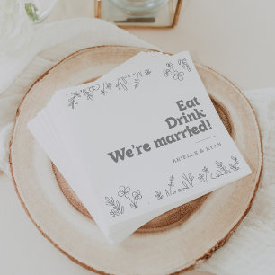 Grey Wildflower Eat Drink We're Married Wedding Napkin