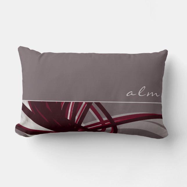 Grey & Wine Abstract Ribbons | Monogram Lumbar Cushion (Front)