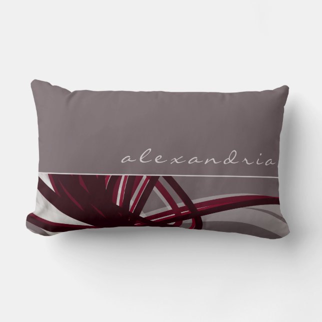 Grey & Wine Abstract Ribbons | Personalised Name Lumbar Cushion (Front)