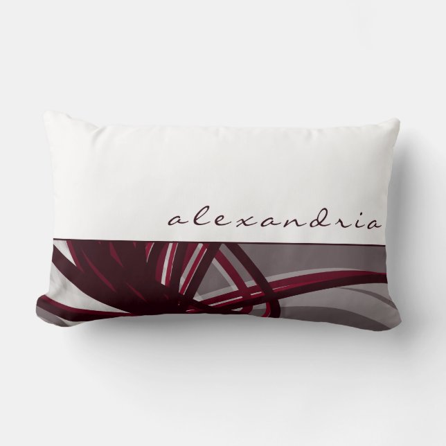 Grey & Wine Abstract Ribbons | White | Custom Name Lumbar Cushion (Front)