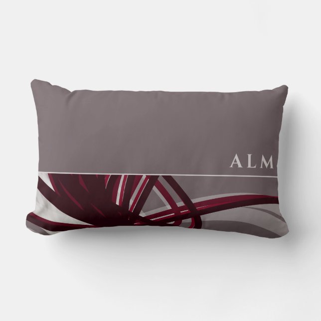 Grey & Wine Artistic Abstract Ribbons | Monogram Lumbar Cushion (Front)