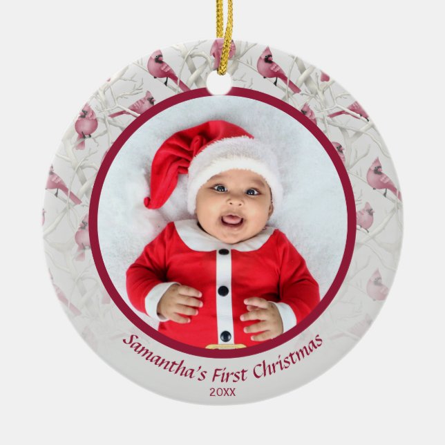 Grey Winter Cardinal Baby Personalised Photo Ceramic Ornament (Front)
