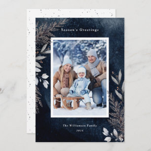 Grey Winter Foliage on Navy Blue Watercolor Photo Holiday Card
