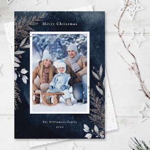 Grey Winter Foliage on Navy Blue Watercolor Photo Holiday Card