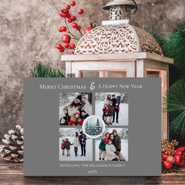 Grey Winter Forest Floral Photo Collage Holiday Card (Gray Winter Forest Floral Photo Collage Holiday Card)