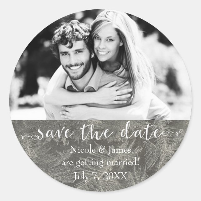 Grey Winter Ice SAVE THE DATE Custom Photo Classic Round Sticker (Front)