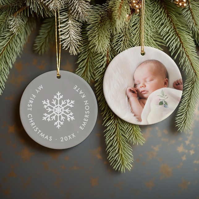 Grey Winter Snowflake First Christmas Keepsake Ceramic Ornament (Creator Uploaded)