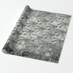 Grey Winter Spruce Tree Branch Under Golden Snow Wrapping Paper