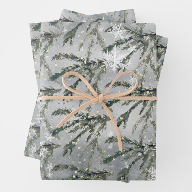 Grey Winter Spruce Tree Branch Under Golden Snow Wrapping Paper Sheet (In situ)
