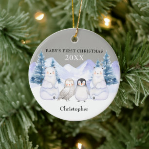 Grey Winter Woodland Animal Baby's First Christmas Ceramic Ornament