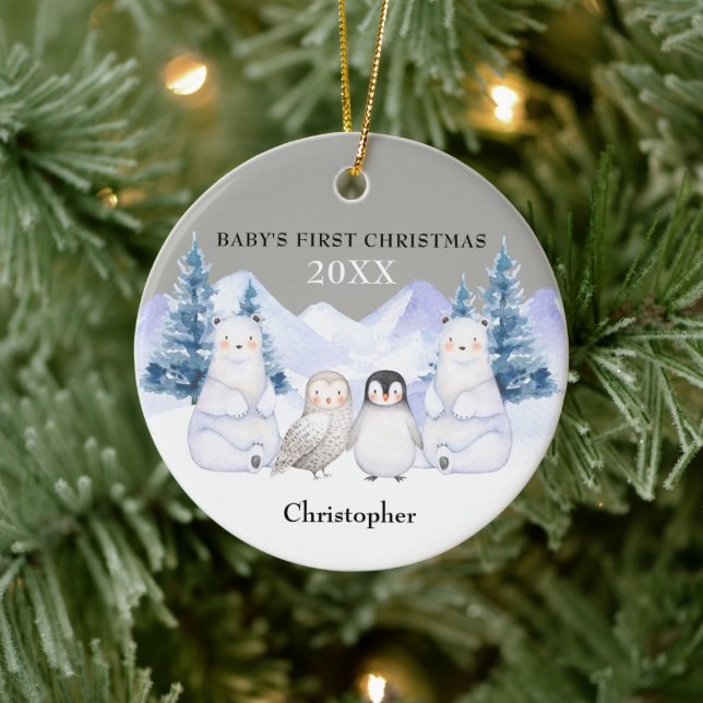 Grey Winter Woodland Animal Baby's First Christmas Ceramic Ornament (Tree)