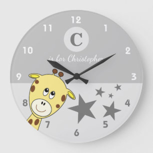 Grey with a cute giraffe stars baby name large clock