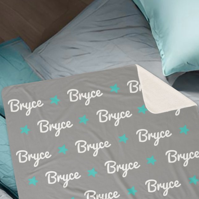 Grey with Blue Stars Repeating Name Sherpa Blanket (Creator Uploaded)