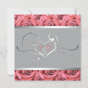Grey with Coral Pink Roses Monogrammed Invitation