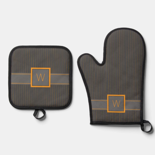 Grey with Orange Pinstripes Oven Mitt & Pot Holder Set (Front)