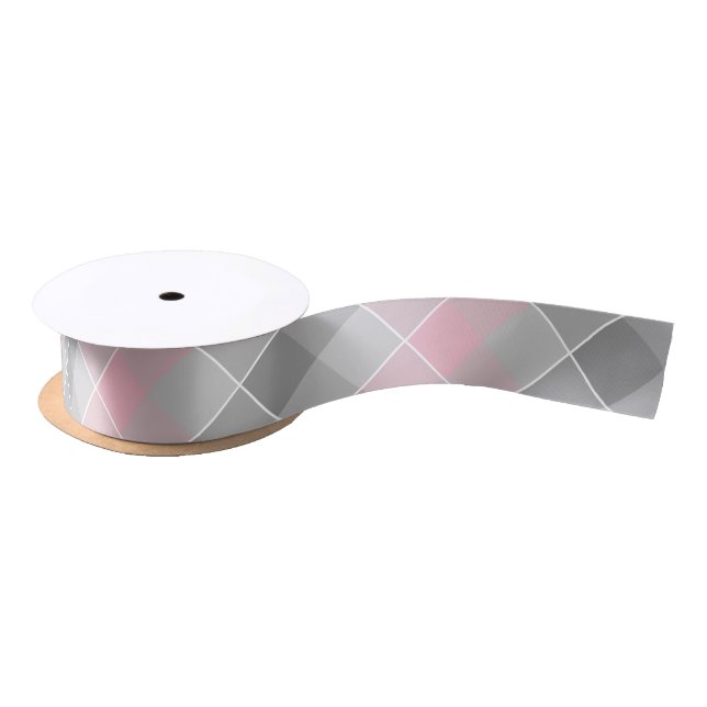 grey with pink diagonal plaid satin ribbon (Spool)