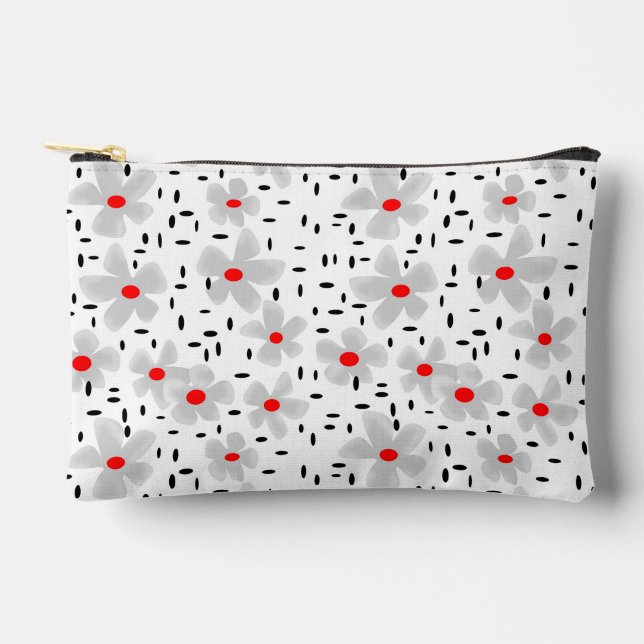 grey with red flowers on white background retro accessory pouch (Front)