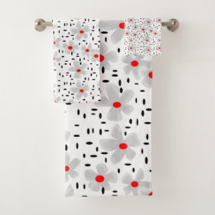 grey with red flowers on white background retro bath towel set