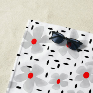 grey with red flowers on white background retro beach towel
