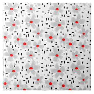 grey with red flowers on white background retro ceramic tile