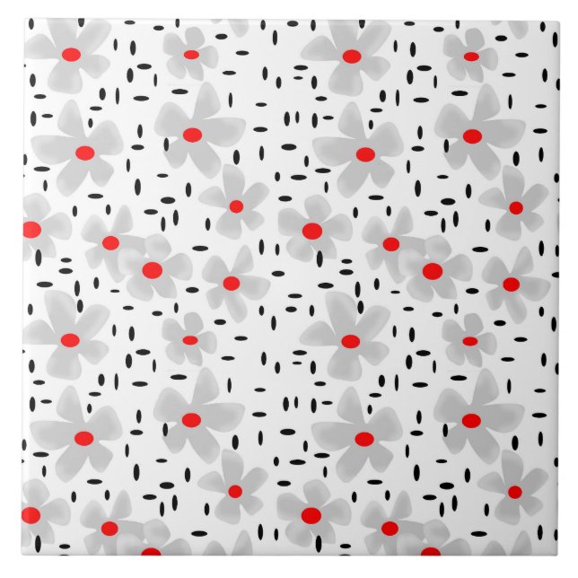 grey with red flowers on white background retro ceramic tile (Front)